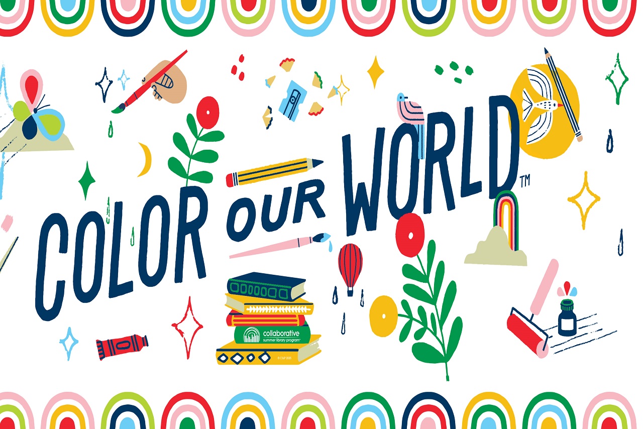 Color Our World surrounded by various art supplies