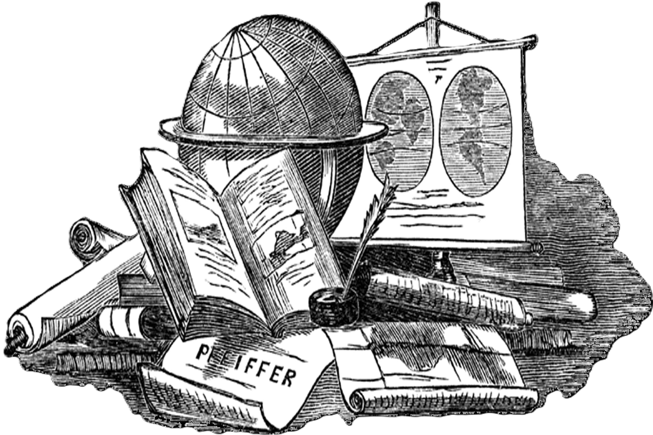 black and white sketch of globe and old maps