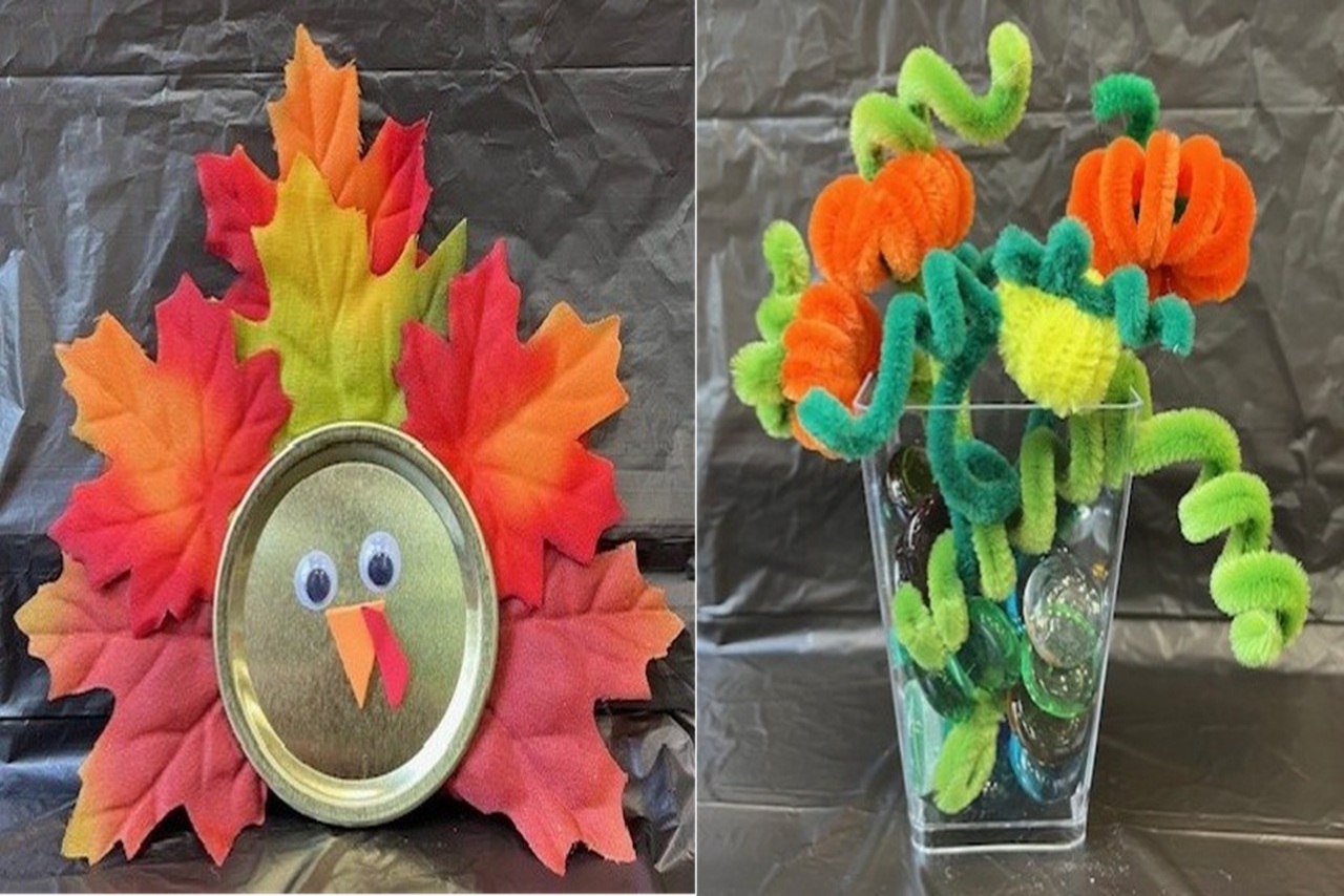 turkey made from a canning lid as the body and fake leaves as the tail and a a mini vase filled with pumpkins made from pipe cleaners