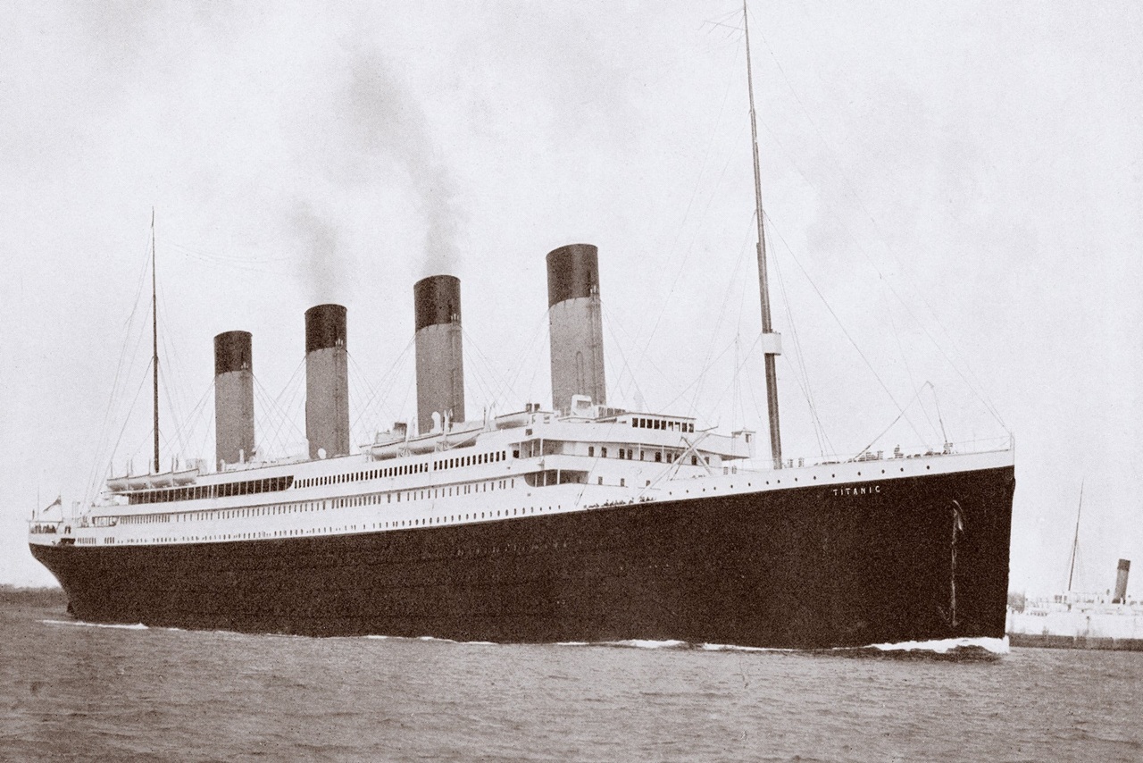 black and white photo of the Titanic ship