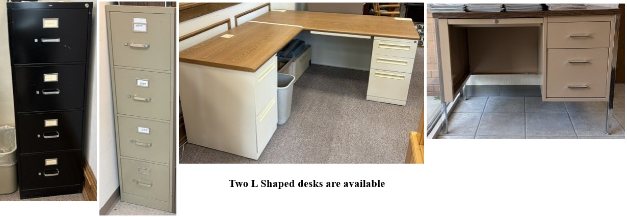 black file cabinet, beige file cabinet, beige L shaped desk & small metal desk