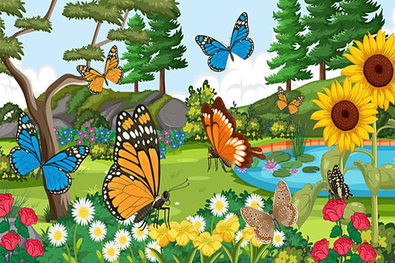 caertoon backyard garden with a variety of butterflies flying amongst the flowers and trees