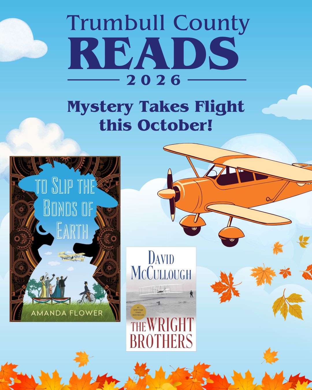 Cloudy blue sky with cartoon airplane flying over autumn colored leaves