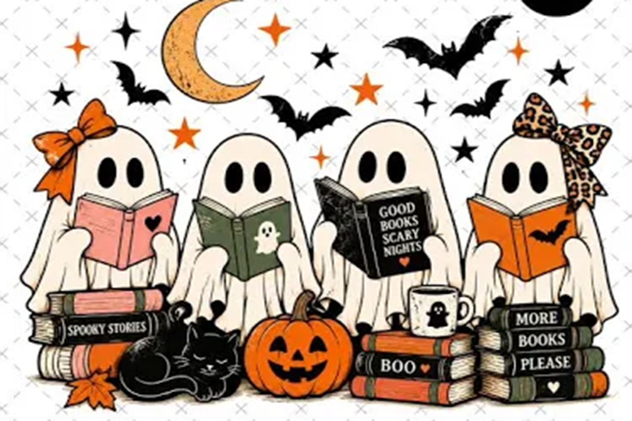 cartoon bats and crescent moon behind cartoon sheet ghosts reading books