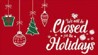 Red background with words we will be closed for the holidays in white font. 