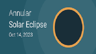 words Annular Solar Eclipse Oct 14, 2023 with picture of sun fully covered by black moon to show an eclipse
