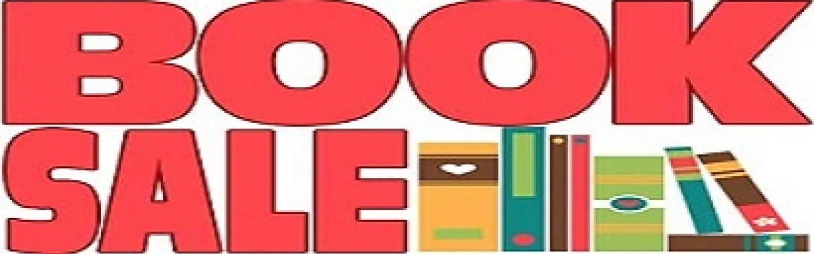 book sale in bold, red letters next to row of books