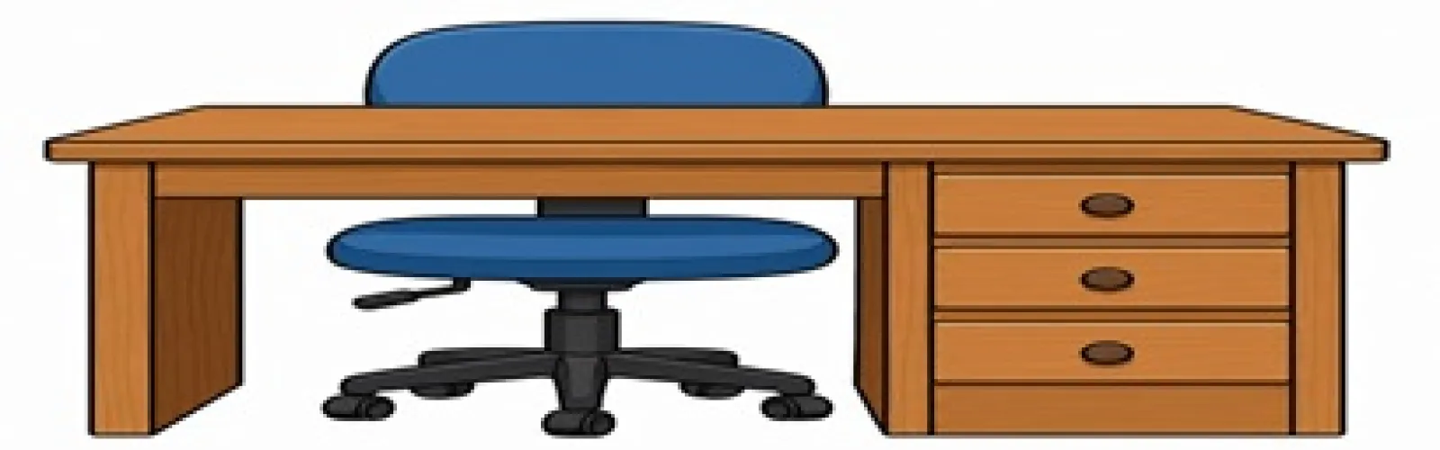 cartoon image of a desk with a blue rolling desk chair behind it
