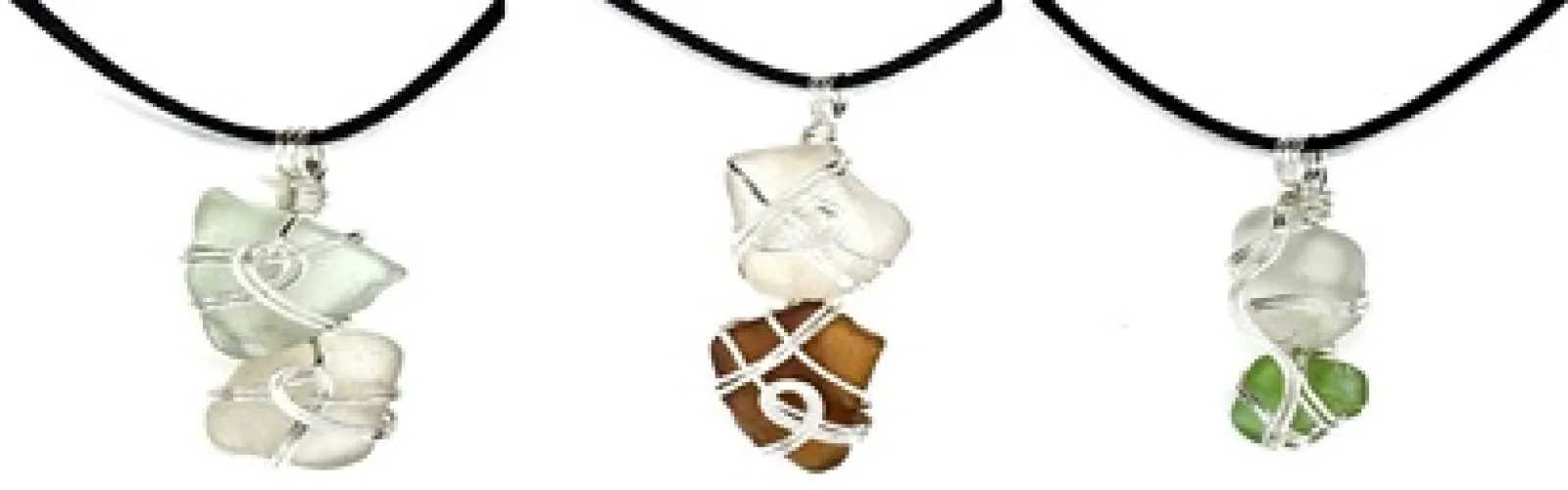 various colors of beach glass wrapped two together with silver wire to create a tiered desing for a necklace