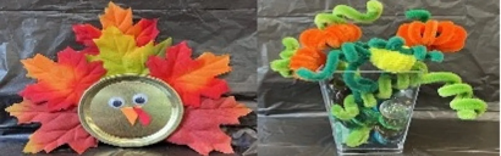 turkey made from canning jar lid as body with fall colored leaves as tail feathers with googly eyes and orange beak with a red waddle. Mini vase filled with colorful stones and pumpkins made out of yellow, orange and green pipe cleaners