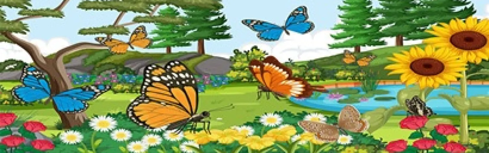 cartoon image of a backyard full of flowers and butterflies