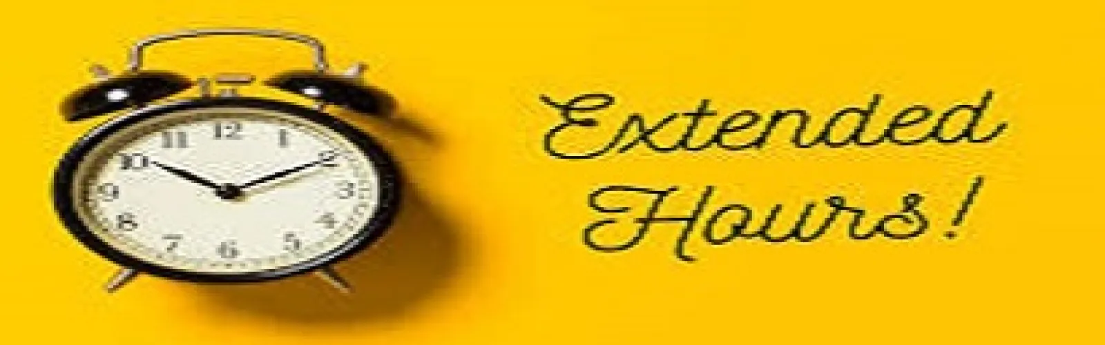 Alarm clock on left side of words extended hours