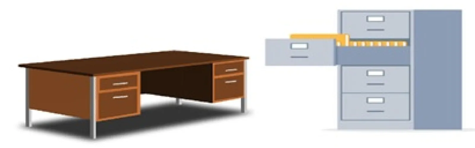 cartoon desk and file cabinet next to each other
