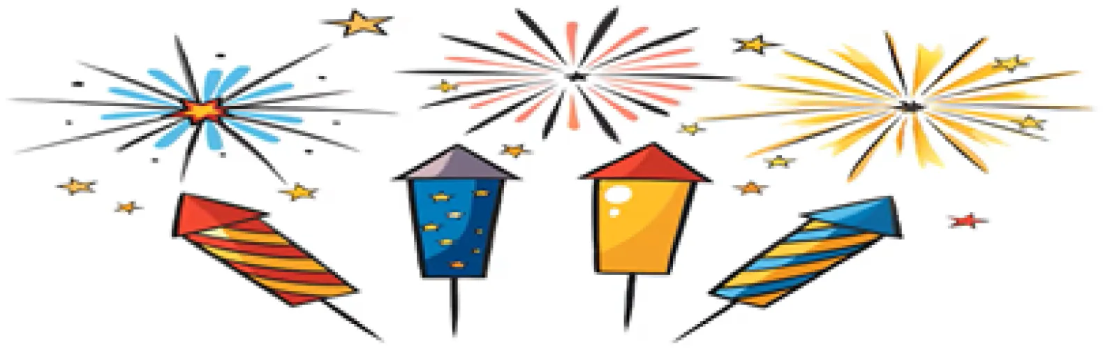 cartoon image of firework rockets with exploding fireworks above them