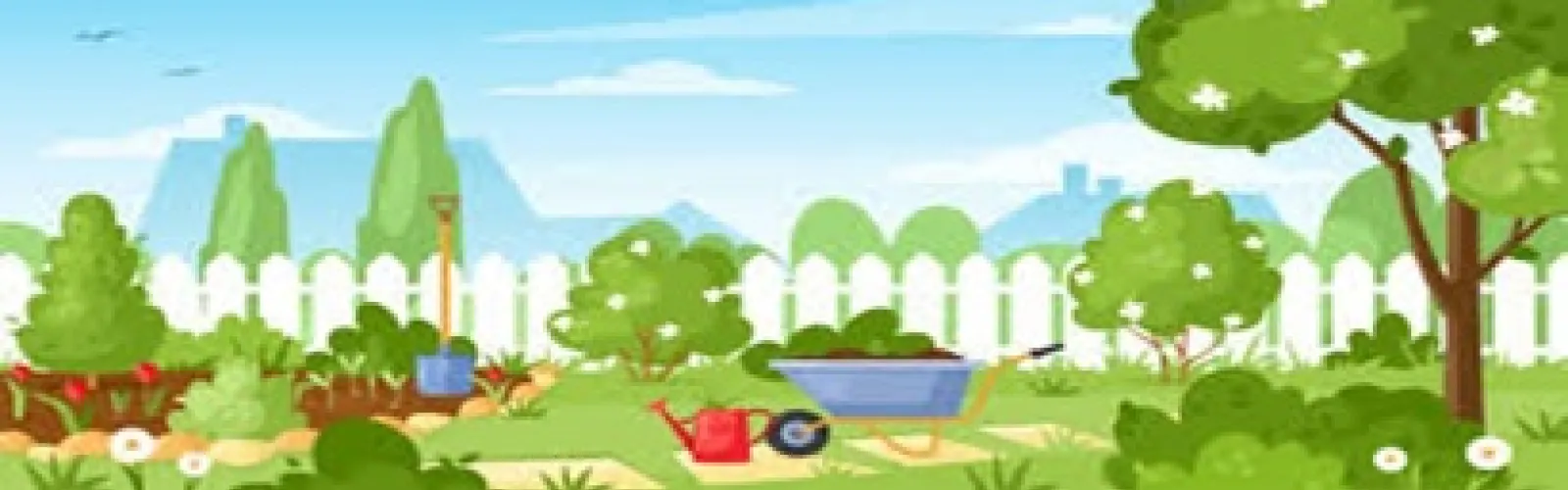 clipart of a picket fenced in backyard garden with a wheelbarrow and watering can sitting nearby