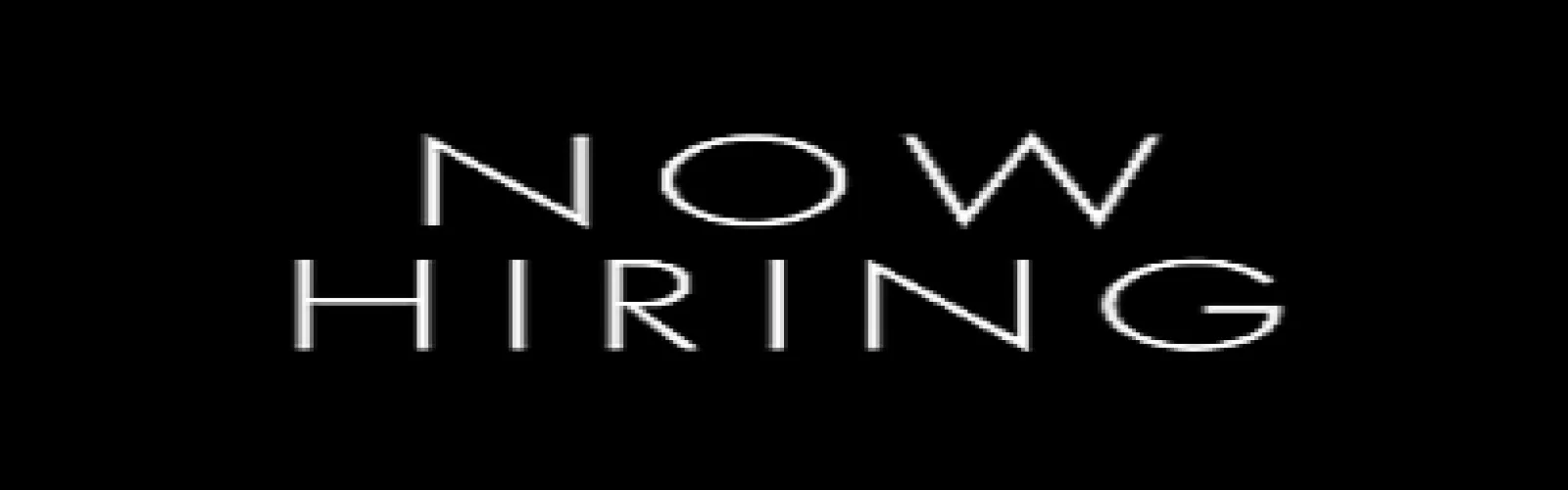 black background with now hiring in white lettering