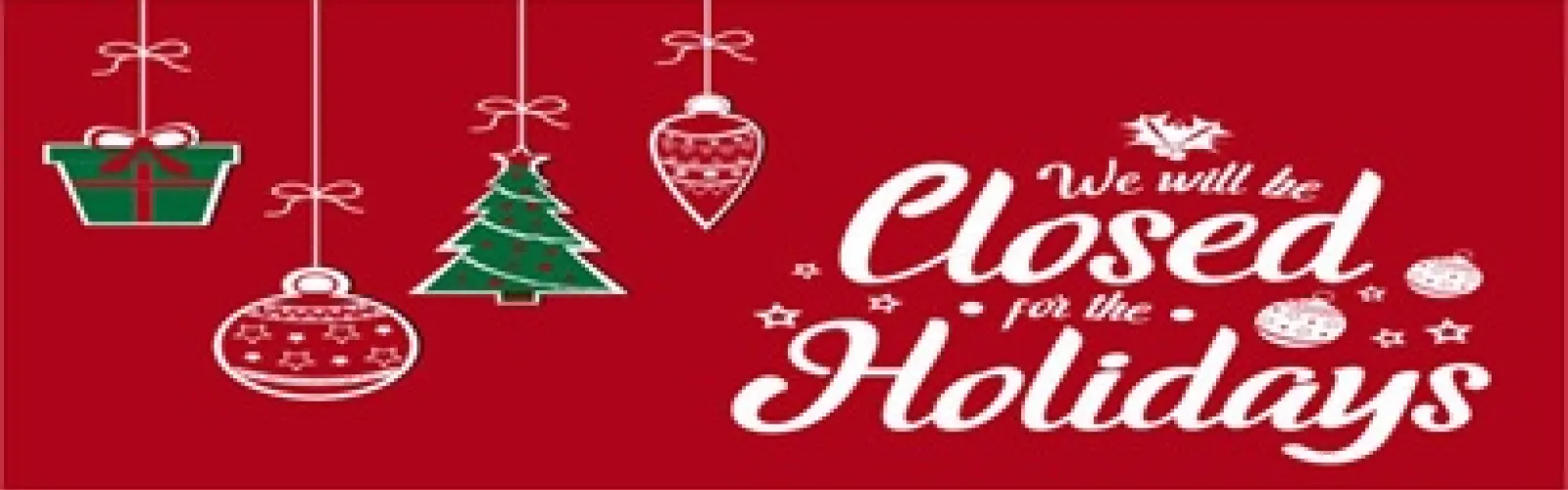 red background with four Christmas ornaments hanging from the top next to the words in white lettering