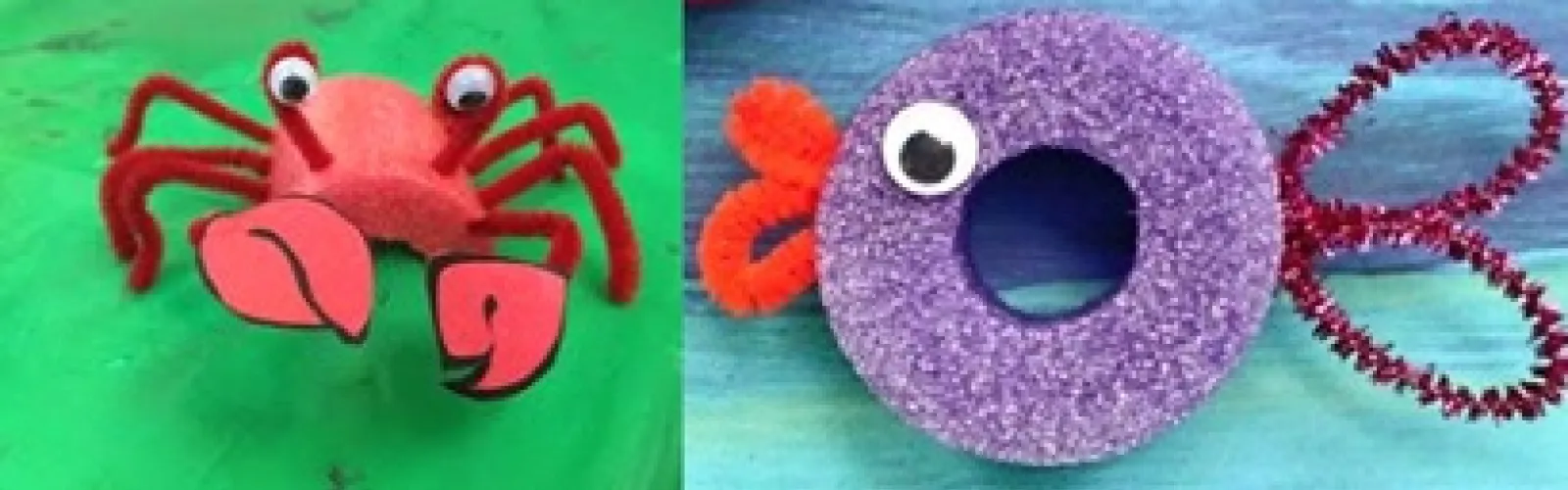 small red pool noodle piece decorated to look like a crab with red pipe cleaners as its legs and claws and a piece of purple pool noodle decorated to look like a fish with pipe cleaner lips and tail
