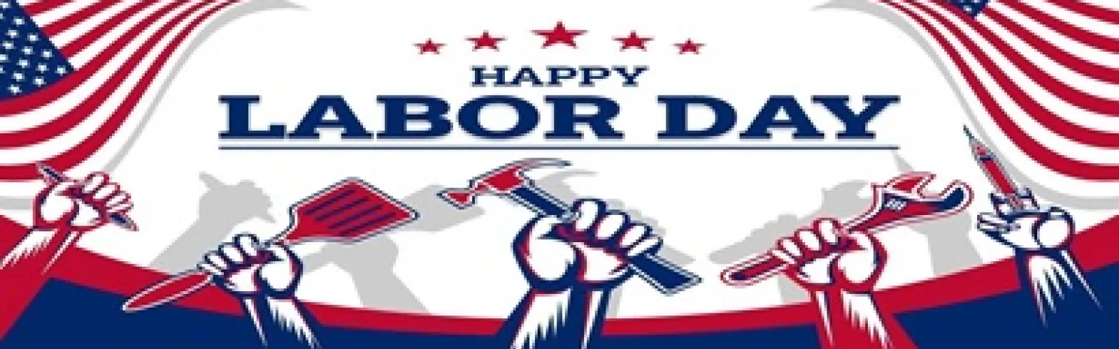 American flag in corners with cartoon hands in red and blue holding  a pen, a spatula, a hammer, a wrench and a syringe
