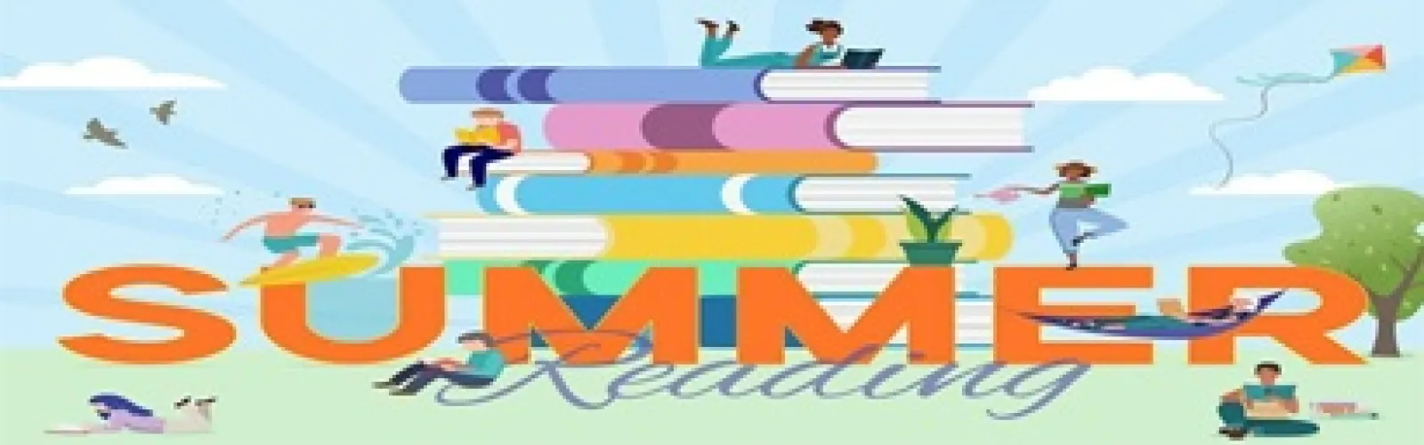 cartoon stack of oversized books with cartoon people doing a variety of summer activities on and around them